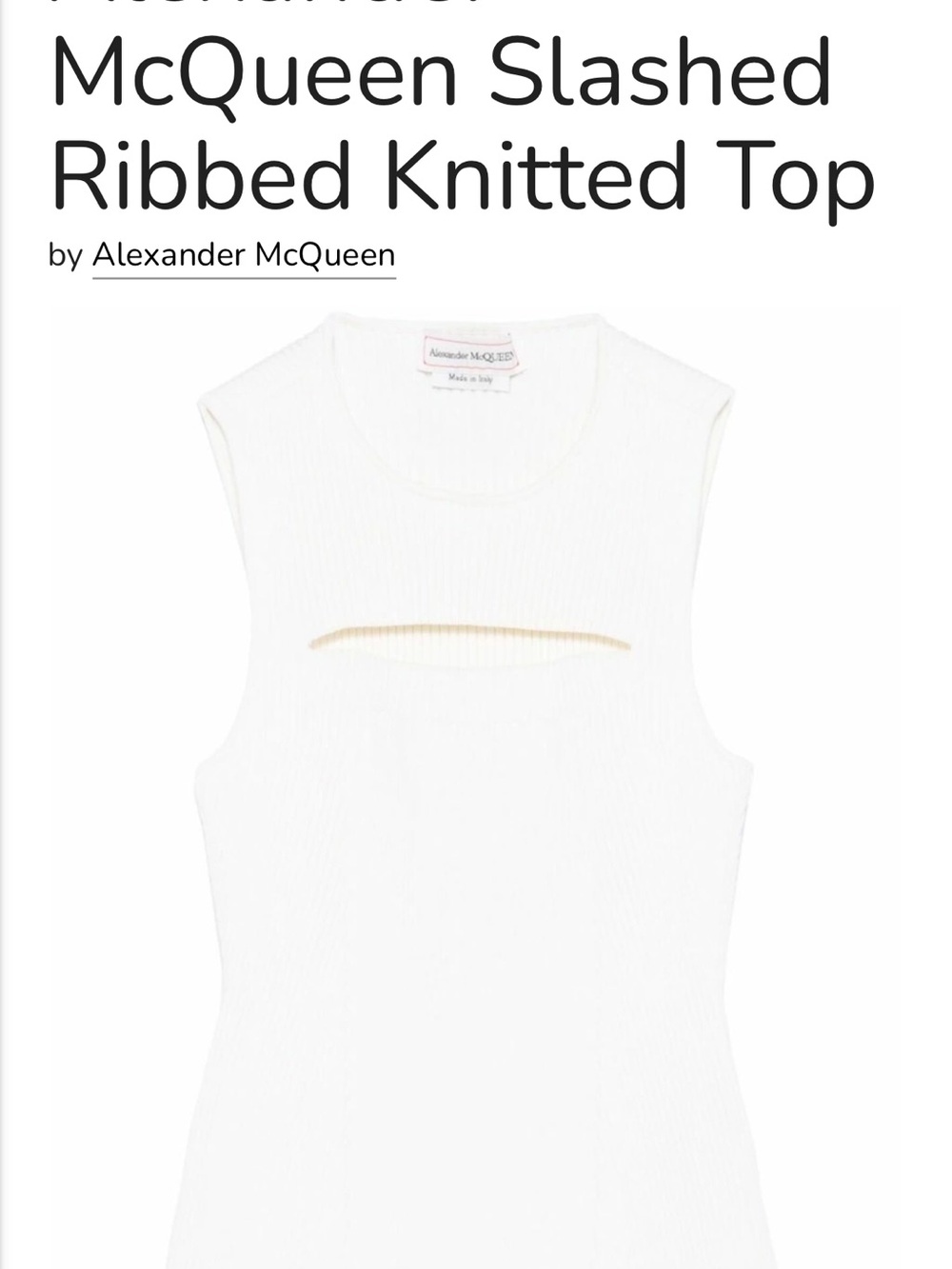 Alexander McQueen Cream Ribbed Tank with Chest Cutout